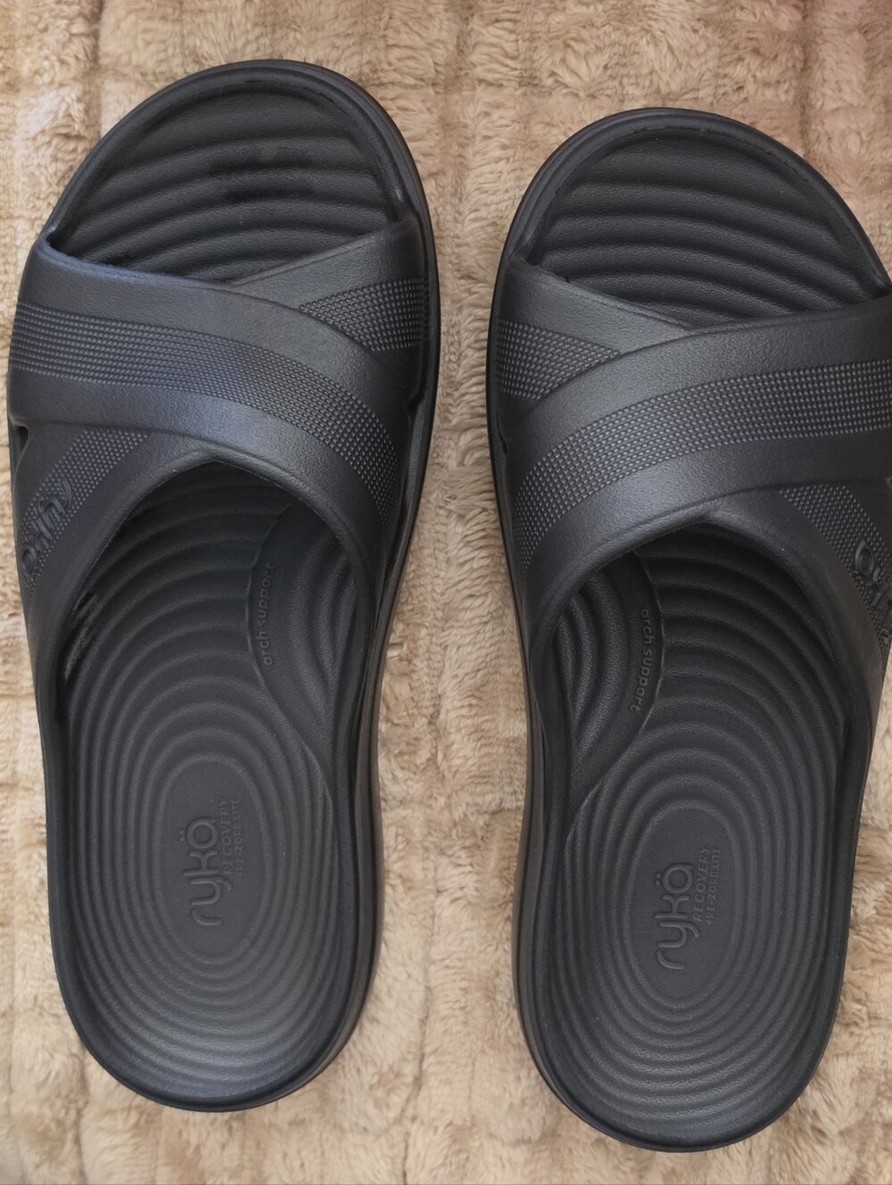 Ryka Black Women's Cross-Band Recovery Slide Sandals 8 M